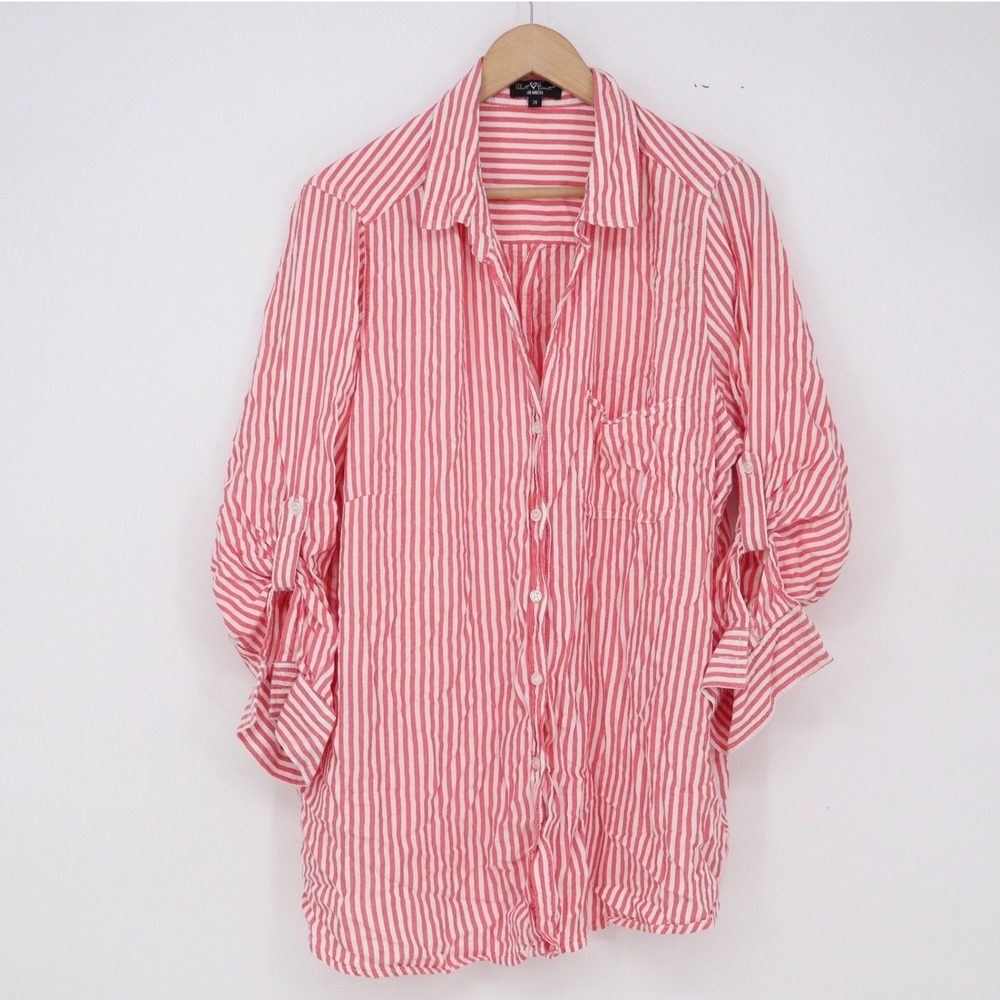 Velvet Heart Shirt Women's 2X Pink Striped Roll-Tab Button-Down